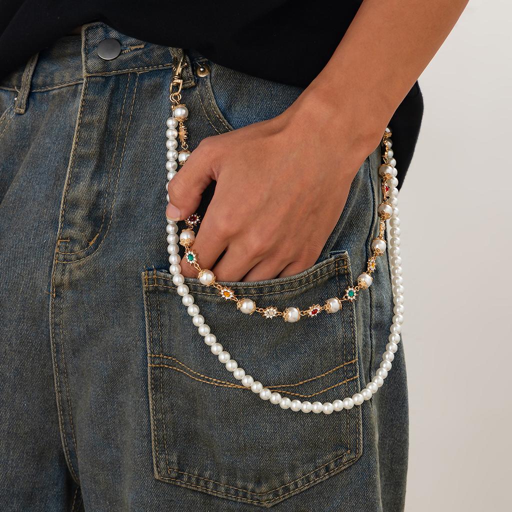Trendy Pearl Rhinestone Sun Flower Jeans Chain Keychain Men Women Trousers Hipster Pant Chain Hiphop Y2K Jewelry