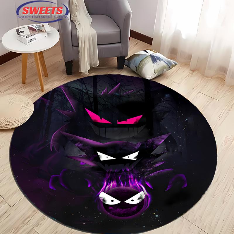 Pokemon Gengar Druck Runder Teppich, Kinderzimmer Bodenmatte Rutschfest Wohnzimmerteppich, Waschbarer Teppich für Heimdeko Geschenk Potdemiel