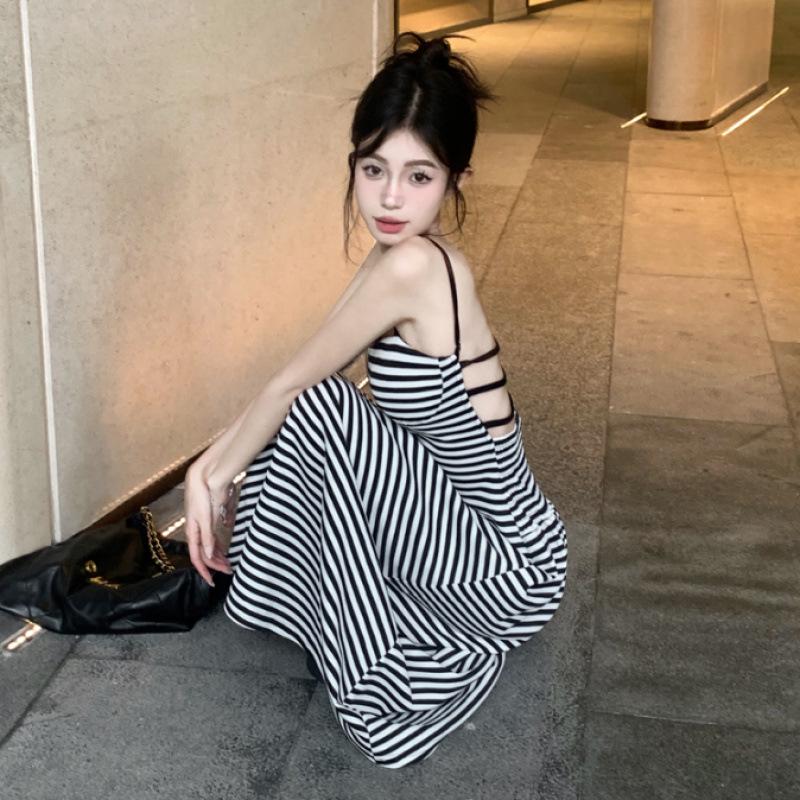Trendy 2025 Summer Striped Backless Camisole Dress for Women