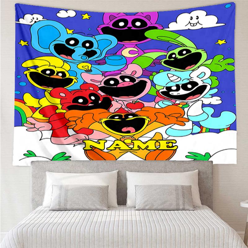 Custom Name Smiling Critters Print Tapestry, Backdrop, Easy Setup, Ideal for Bedroom, Office & Living Room, with Aesthetic Wall Hanging Decor.