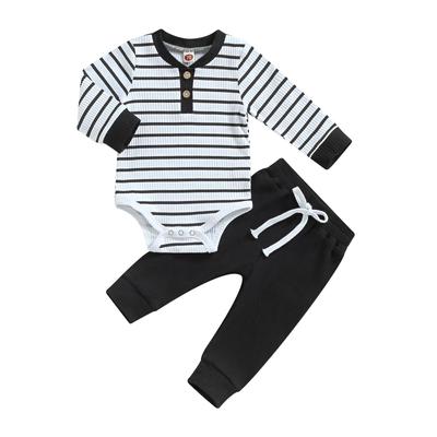 Baby Boy 2Pcs Fall Outfits Long Sleeve Striped Print Romper + Pants Set Infant Warm Clothes