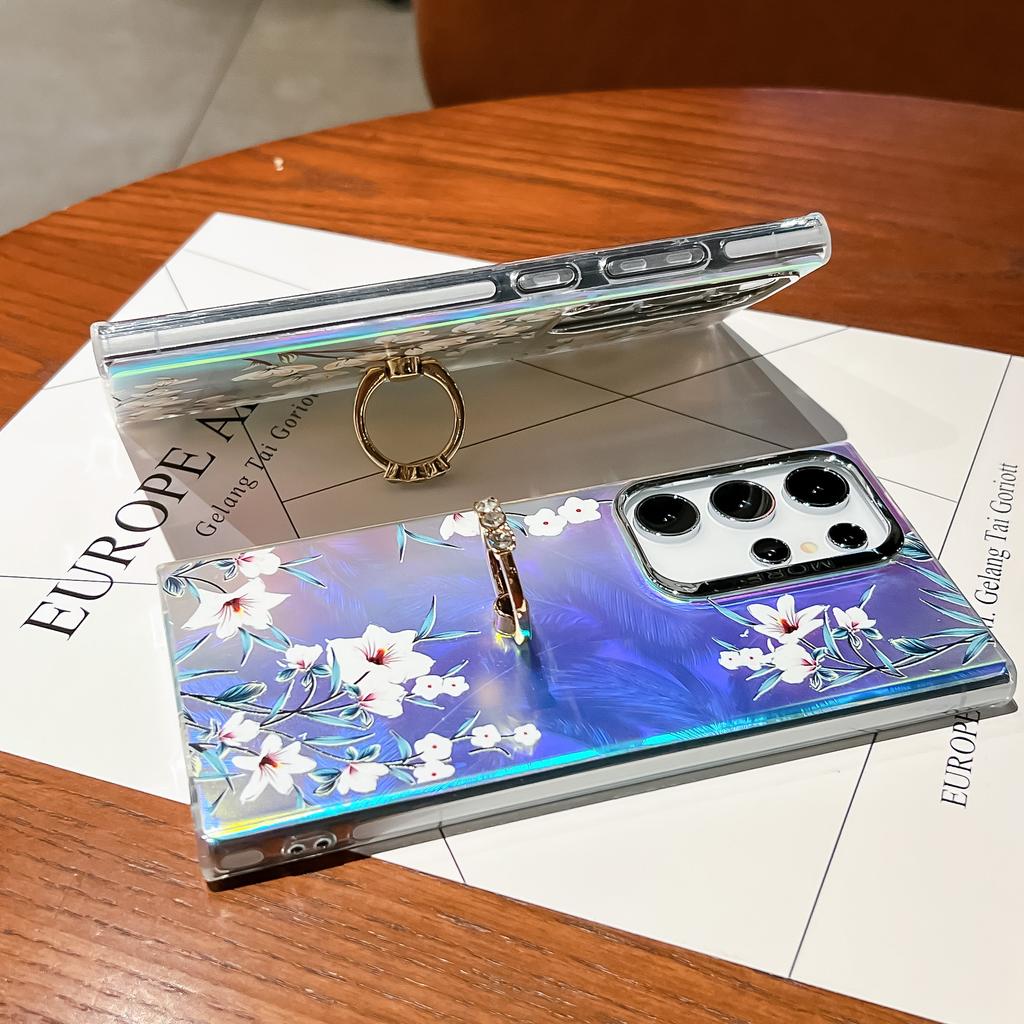 Electroplating Laser Flowers Suitable for Samsung S25 Ultra Mobile Phone Case Ring Bracket S24PLUS Hard Shell A56
