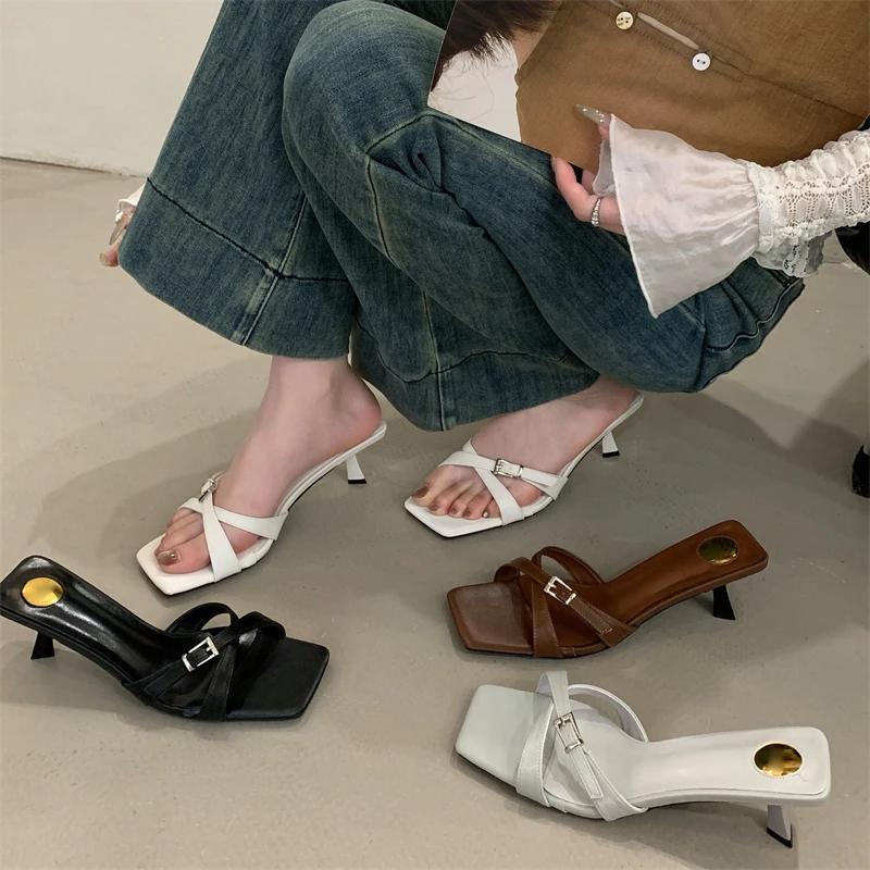 Eilyken Summer Narrow Band Low Heels Slippers Women Dress Buckle Strap Square Toe Party Beach Slide Shoes