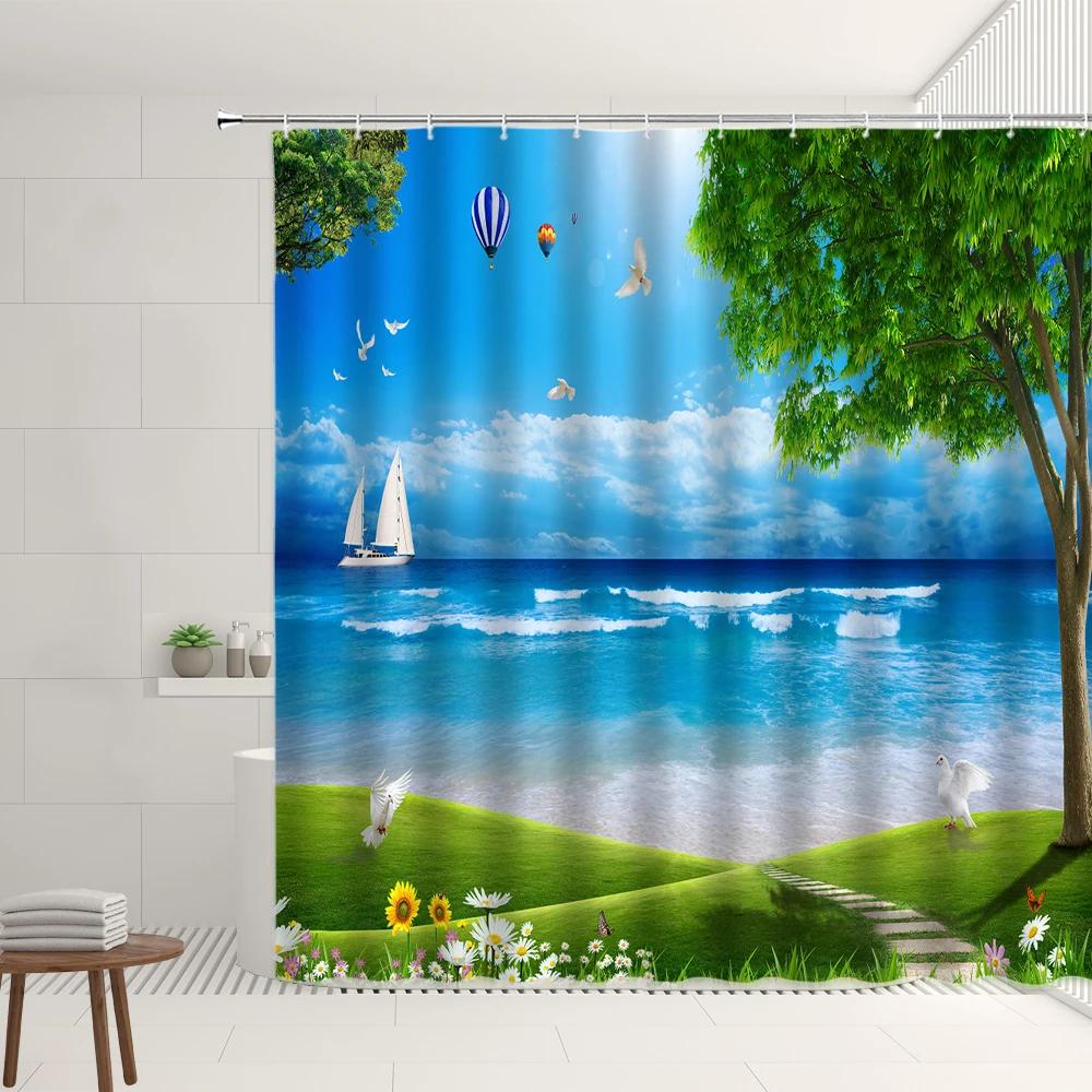 

Ocean Shower Curtain European Patio Beach Cartoon Seagull Tropical Plant Green Leaves Wooden Bridge Bathroom Decor Screens Set W90XH180cm