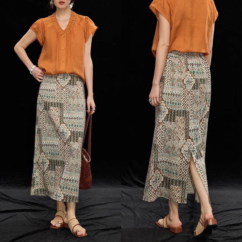 Wudao Women s Tencel Linen Blend Slit Midi Skirt XL