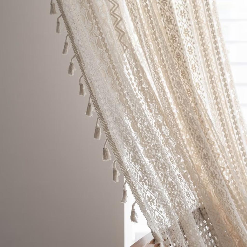 Vintage Geometric Wave Lace Curtain with Tassel, Romantic Semi Sheer Light Filtering Lace Drapes for Living Room Bedroom Kitchen, Multi-Size Available