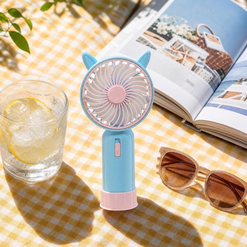 Rechargeable Handheld Fan with Base and Light for Kids, 2 Speeds, 1 Hour Battery Life
