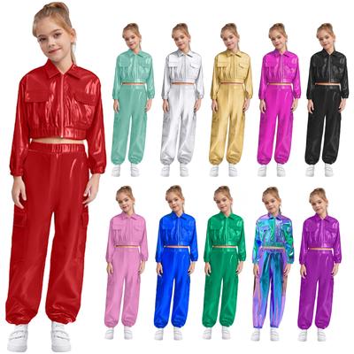 Kids Unisex Sparkly Metallic Jacket Long Sleeve Outwear with Glitter Pants Hip Hop Dance Performance Wear