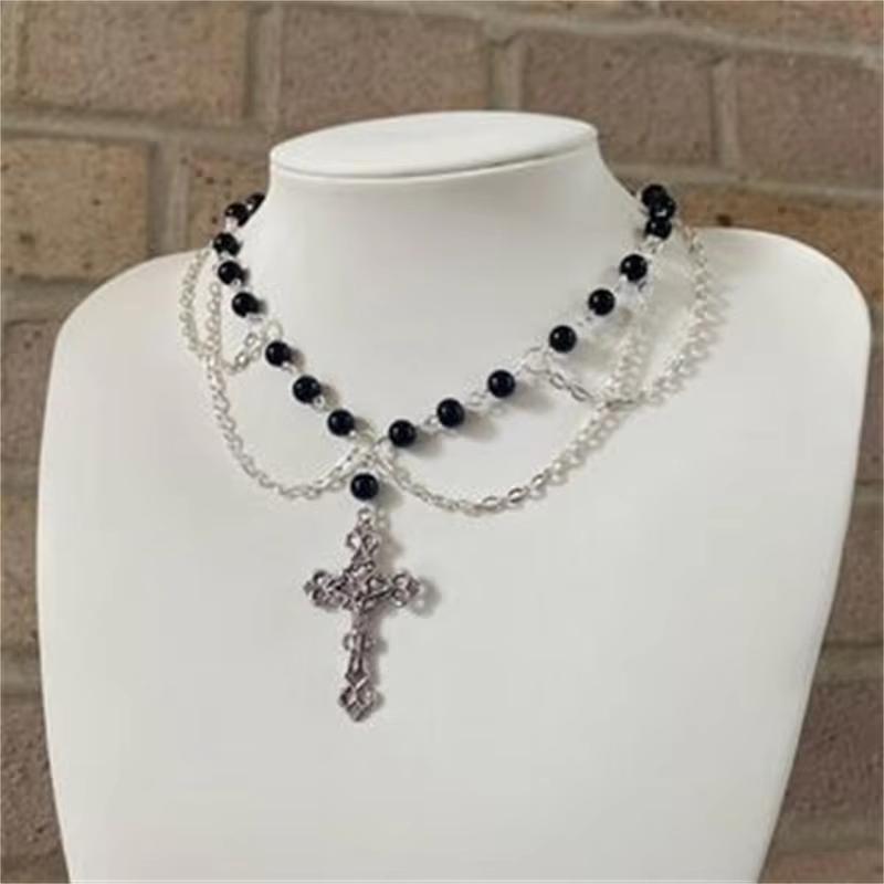 

Victorian Gothic Cross Rosary Necklace With Chain Charm Handmade Sacred Pearl Beaded Necklace Layered Necklace