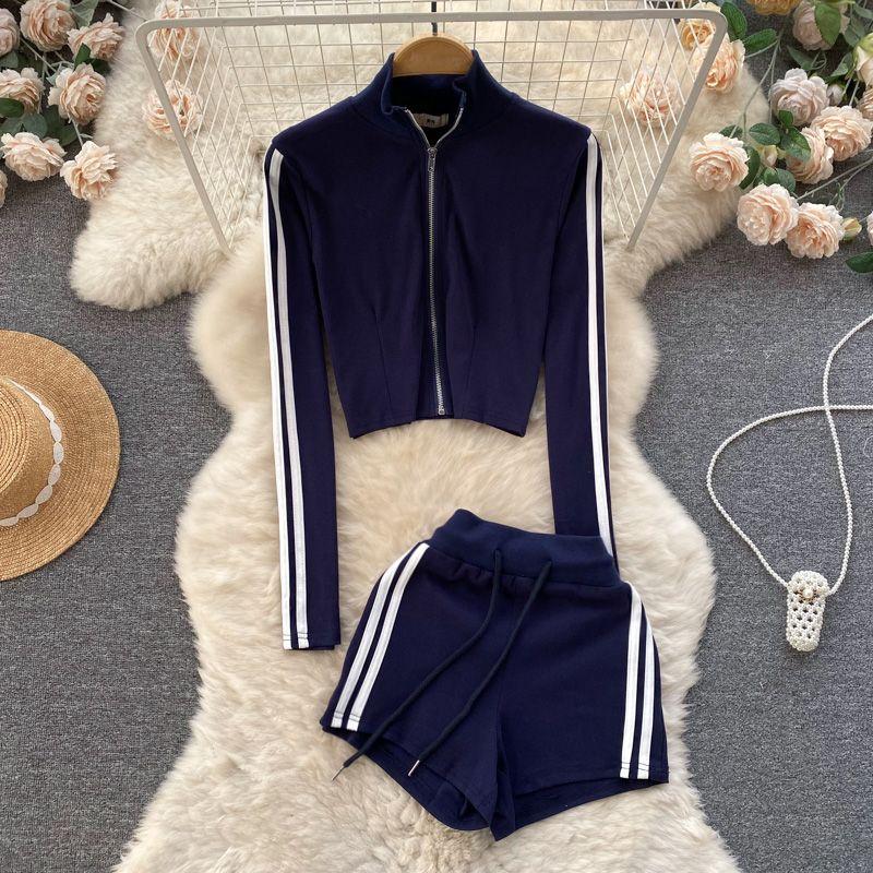 

Spring Summer Stripes Zipped Stand Collar Casual Sports Suit Dark Blue One size