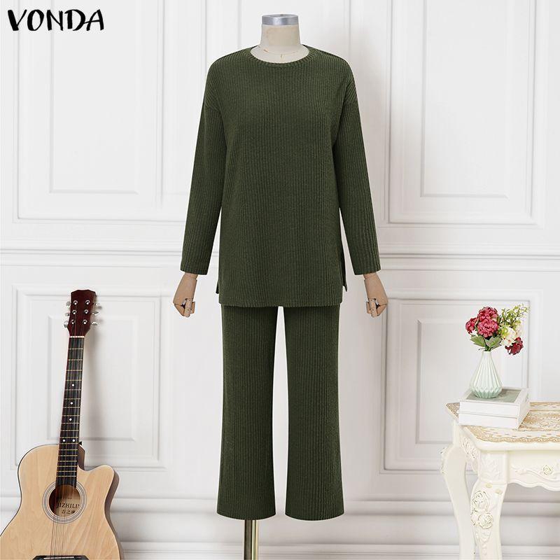 

VONDA Spring Women Sets Spring Long Sleeve Rib Blouse and Pants Two Piece Suits 5XL армія зелений колір