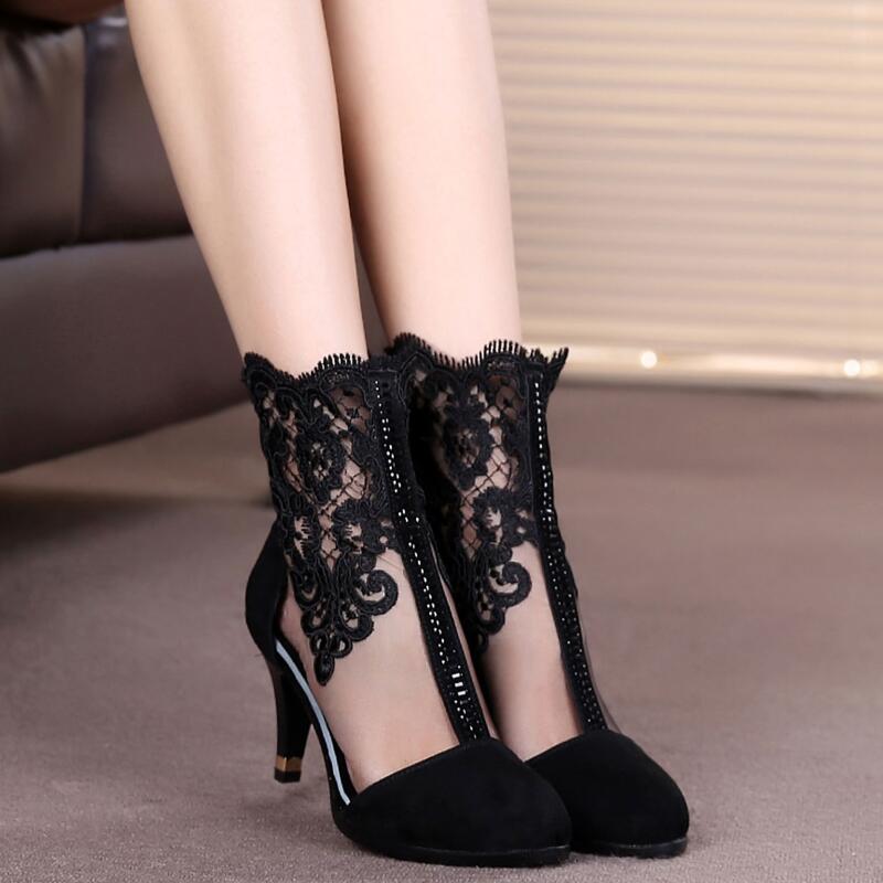Fashion Genuine Leather High Heels Mesh Boots Woman Fashion Sandals Botas Women Summer Heels Pointed Toe Shoes for Female Black White