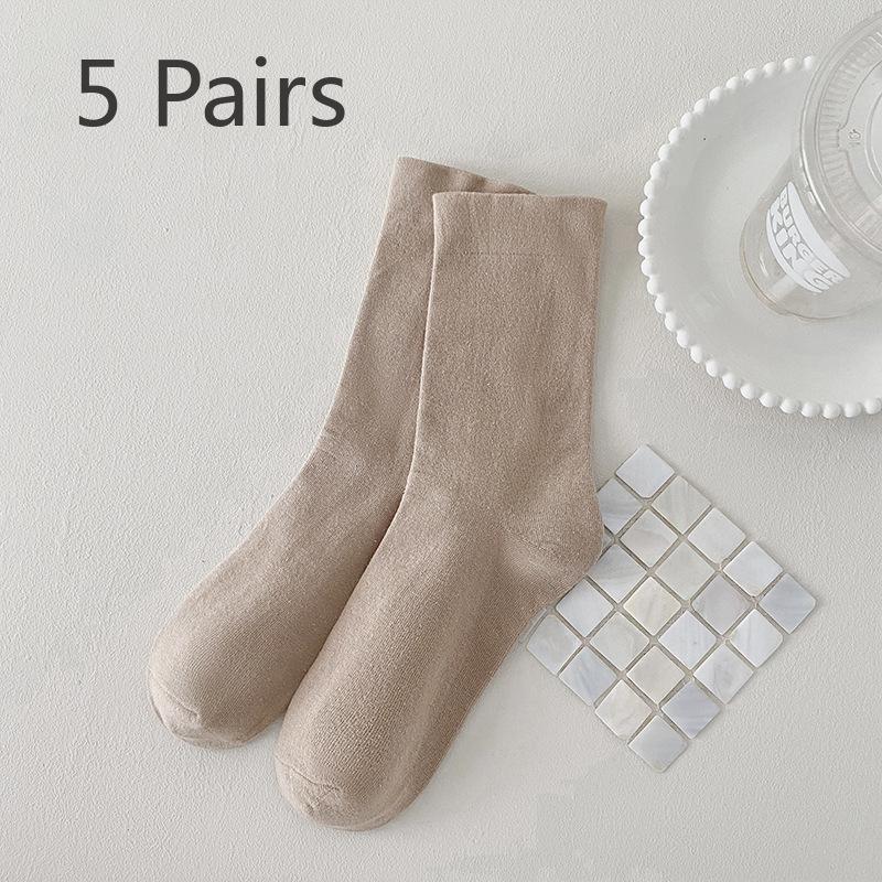 5 Paar Socken Milchtee-Farbe Frühling und Herbst Stapelsocken Damenmode Mittelwaden-Socken Spaghetti-Socken Damen Baumwolle Einfarbig