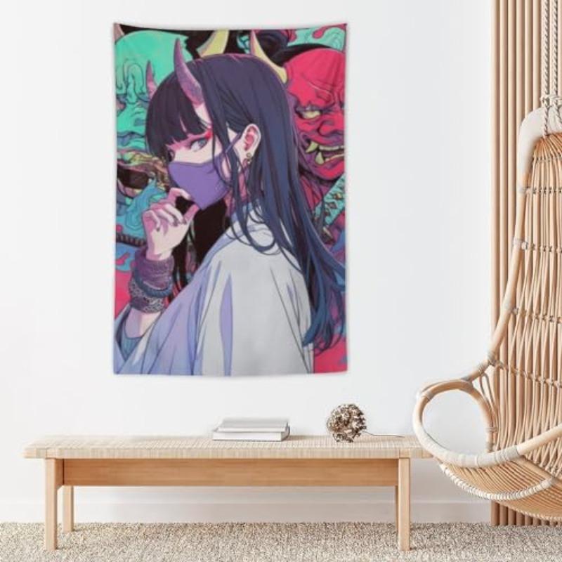 Vaporwave Samurai Anime Girl Tapestry  Unisex Wall Hanging Decor for Bedroom  Living Room