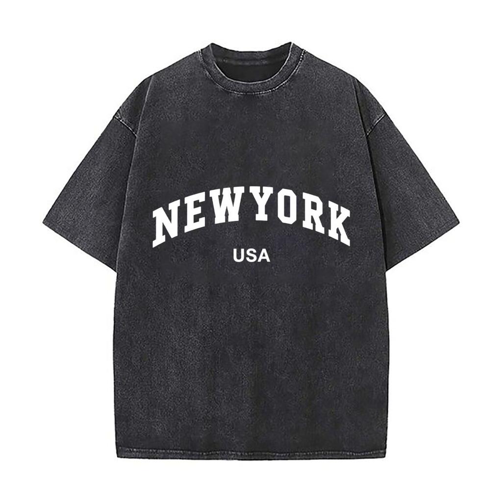 New York USA Arched City Text Graphic Washed Short Sleeve Loose Streetwear Tee Hip Hop