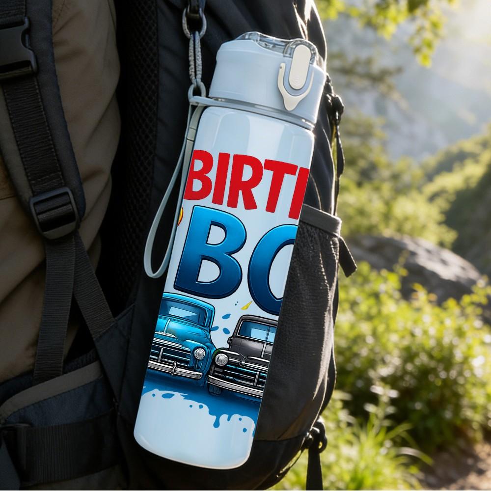 1PC Birthday Boy Car Truck Pattern 750ml Color Plastic Sports Water Bottle Leakproof Flip Straw Lid Suitable for Sports Office Home Use