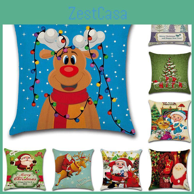 Happyspree Happy Christmas Pillow Cases Stylish Flax Sofa Cushion Covers For Festive Decor
