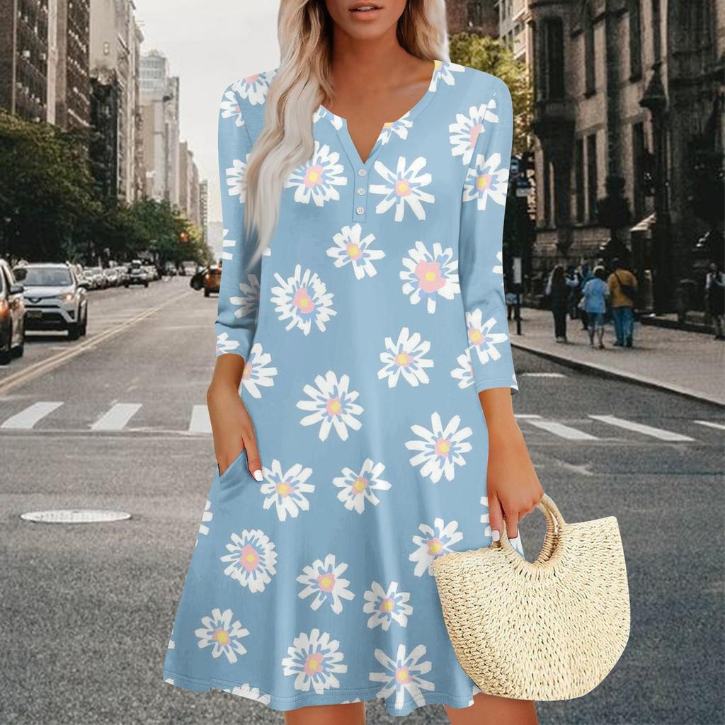 Women's Summer Dress Loose V Neck Three-quarter Sleeve Sundress With Pockets Dress