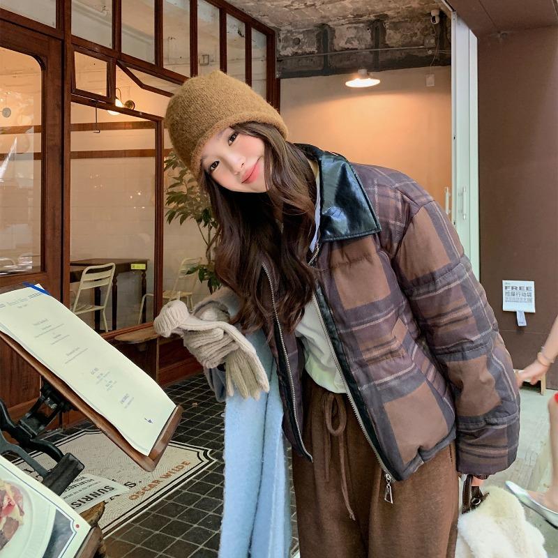 Winter new lapel casual fashion cotton coat women's contrasting color plaid bread clothes short splicing cotton clothes