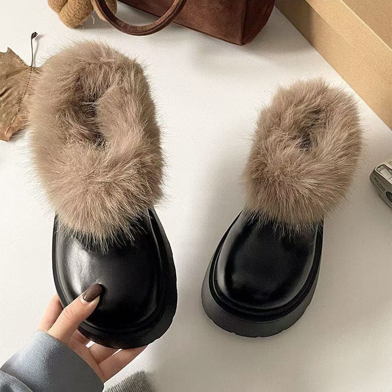 2025 Autumn and Winter New Korean Version of Thick-soled Cotton Slippers Fluffy Shoes with Fleece To Keep Warm and One Pedal To Increase the Height O