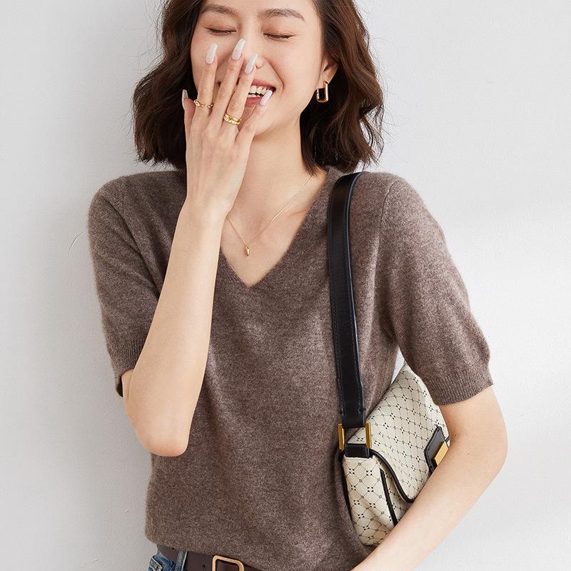 

Весенне-осенняя женская футболка, вязаная рубашка с v-образным вырезом, простой темпераментный тонкий топ, однотонный вязаный низ, тонкий XXL верблюд/кофейный