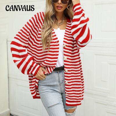 Outono e Inverno Maré Feminina Listrado Tricotado Plus Size Solto Preguiçoso Cardigã Suéter Decote V Abotoamento Simples