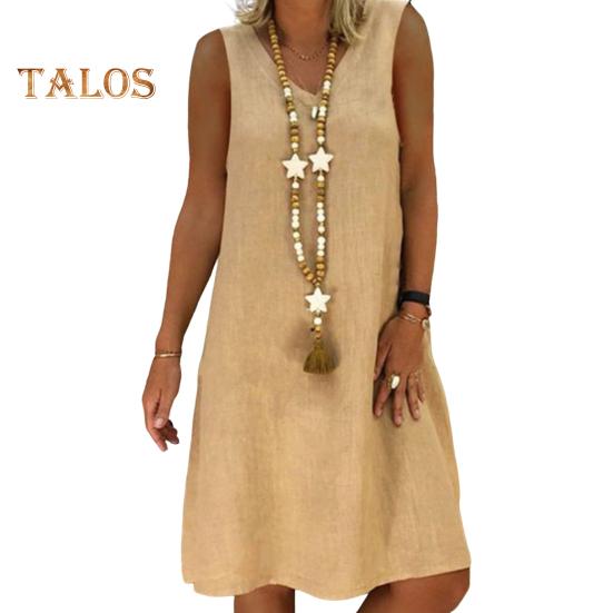 Lady Summer Dress Sleeveless V Neck A-line Solid Color Knee Length Midi Dress Pullover Vest Type Vacation Beach Dress