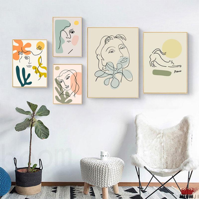 Mode Abstrakte Frauen Gesicht Leinwand Malerei Matisse Poster Linie Zeichnung Poster und Drucke Bunte Mädchen Wand Kunst Bilder Dekor