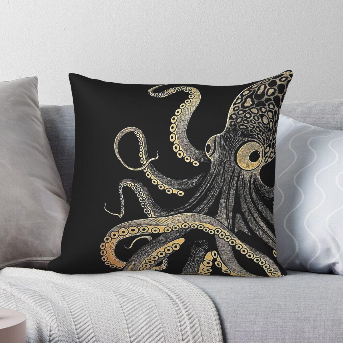 Exquisite Ornaments Unisex Octopus Ukiyo-E Sea Creature Square Pillowcase Polyester Linen Velvet Creative Zip Decorative Sofa Seater Cushion Cover