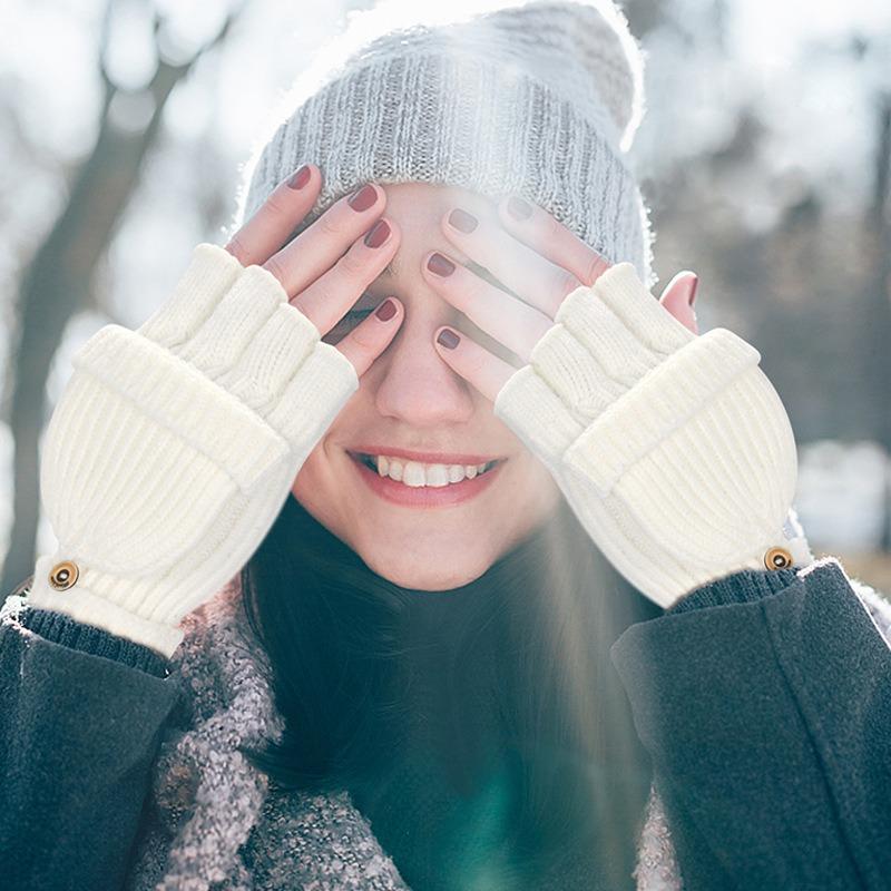 Candy-colored dew finger flip half-finger gloves knitted thermal gloves dual-purpose double-layer thickened to prevent cold autumn and winter