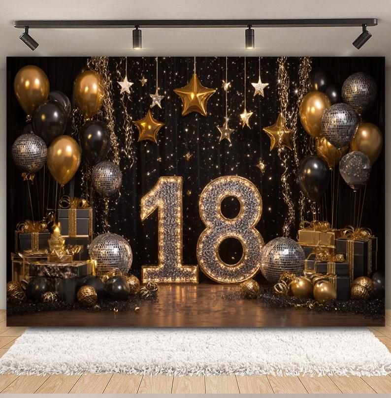 Black and Gold Balloon Gift Theme 18th Birthday Banner Backdrop Cloth Adult Gift Birthday Party Decoration Photography Backdrop