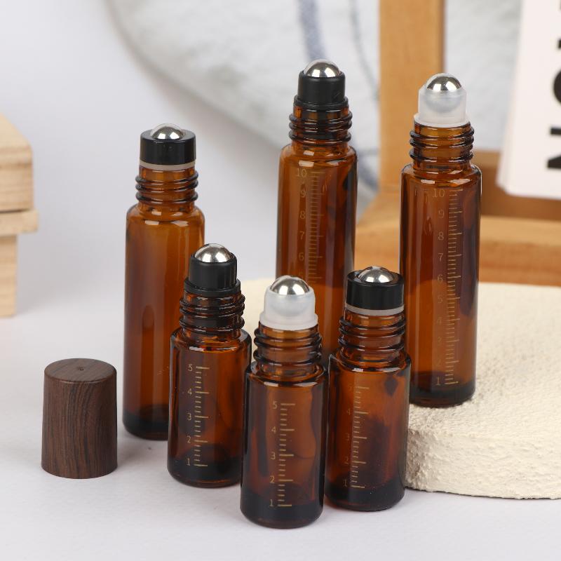 5ml 10ml Bursztynowe Przezroczyste Szklane Butelki Roll-on Plastikowa Nakrętka Imitująca Drewno Próbne Buteleczki z Kulka do Olejków Eterycznych Perfum