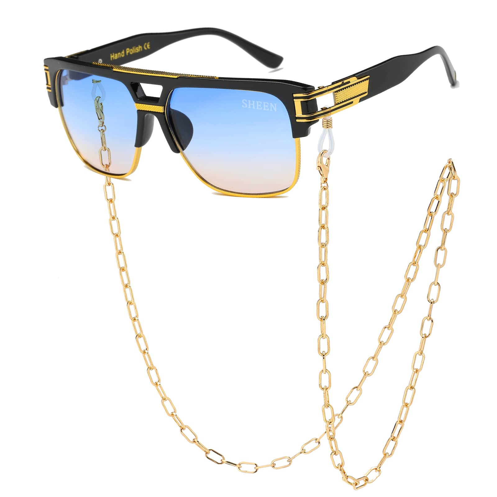

SHEEN KELLY Retro Oversized Pilot Sunglasses with Chain Metal Frame for Men and Gold Women, Square,