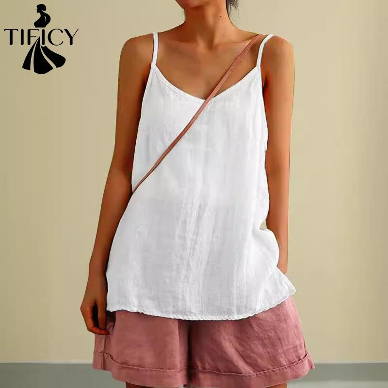 TIFICY Camicette e camicie senza maniche con scollo a V, stampa tinta unita, moda casual estate primavera da donna