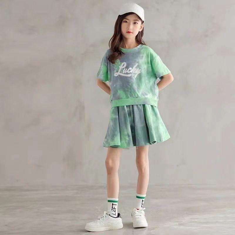 Girls' Tie Dye Suits Summer Korean Version Big Children Little Girls Short-sleeved Skirts Shorts Two-piece Trend