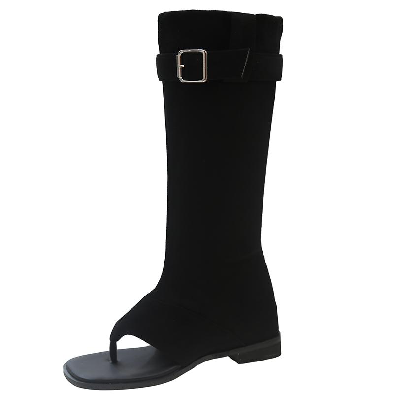 Fashion Square Toe Clip Low Heel Fabric High Tube Cool Boots 2024 New Splicing Sleeve Belt Buckle Low Heel Mid Tube Summer Women's Boots