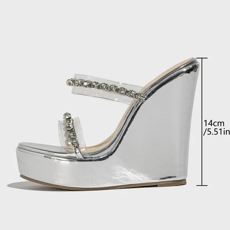 Fashion Eilyken Fashion Silver Crystal PVC Transparent Women Slippers Design Narrow Band Wedges Heels Female Mules Slides Shoes