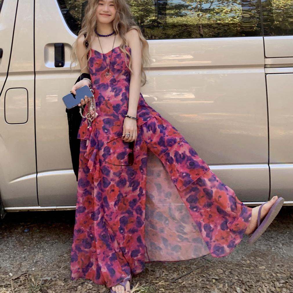 Damen Blumen Taille, Rüschenkante Schlitz Slim-fit Neckholder Kleid Sommer Schlankheitskleid