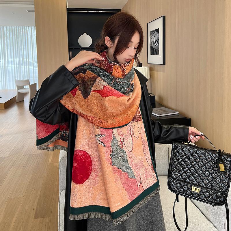Autumn and Winter High end Scarf for Women New Versatile Fashionable Traditional Chinese Painting Scarf Warm New Chinese Style Tassel Shawl