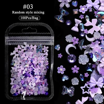 100 Stück 3D-Nagel-Charme aus Kunstharz, Rosa, Lila, Blumen, Herz, Bär, gemischte Nagelkunst-Dekoration, Kawaii, rosa Band, Bowknot, DIY Nagelteil