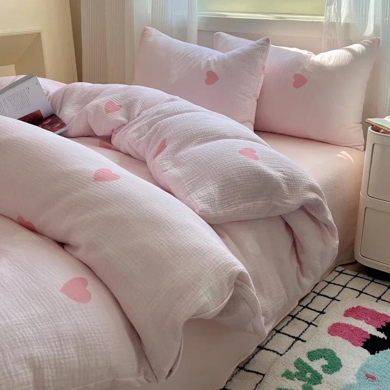 Cute Strawberry And Rabbit Duvet Cover Set Washed Cotton Linen Feel Super Soft Comfortable Chic 4Pcs Home Decor Bedding Set