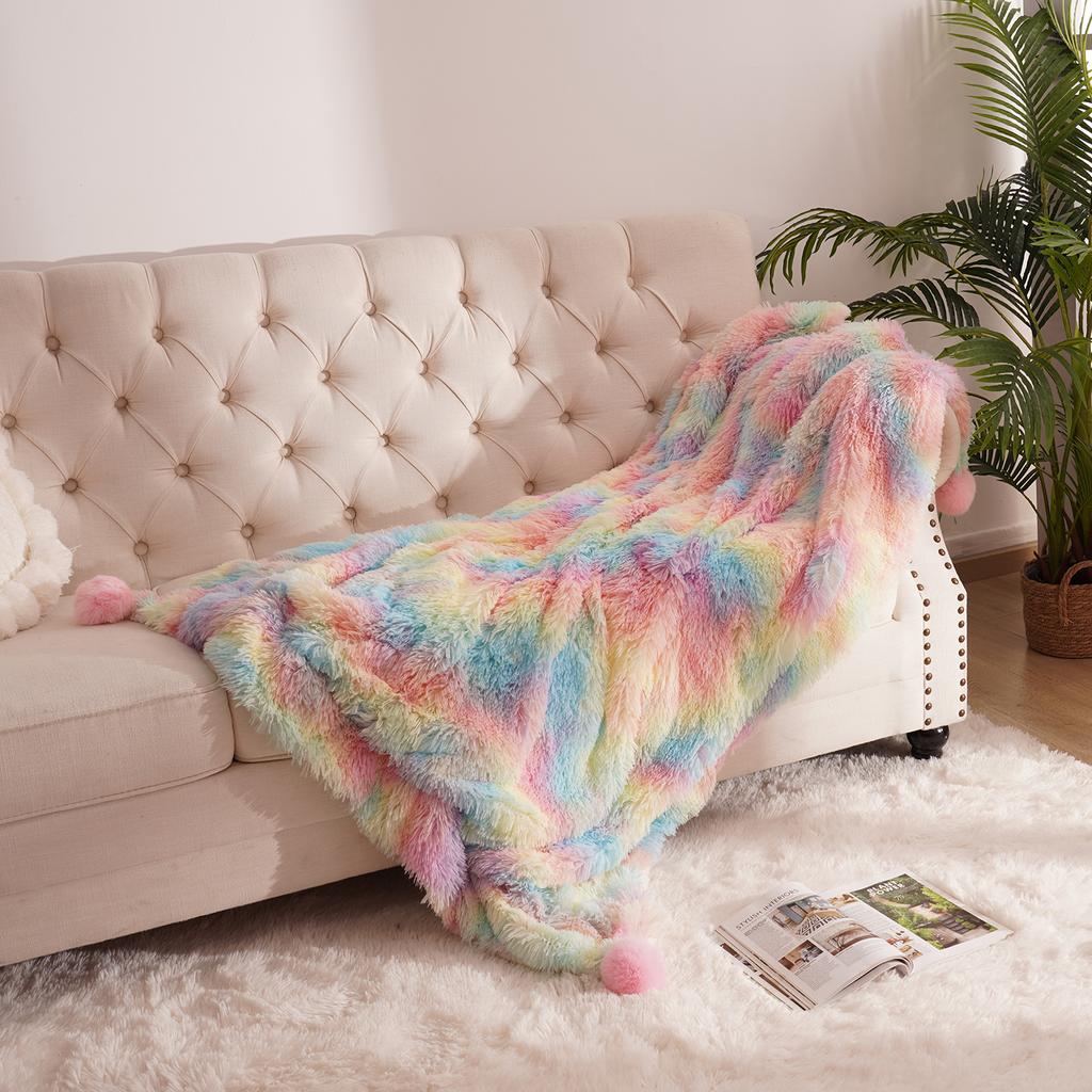 NOAHAS Colorful Plush Hairy Thick Large Blanket Bedding Sofa Cover Furry Fuzzy Throw Blanket with Pom Poms For Decorative Sofa