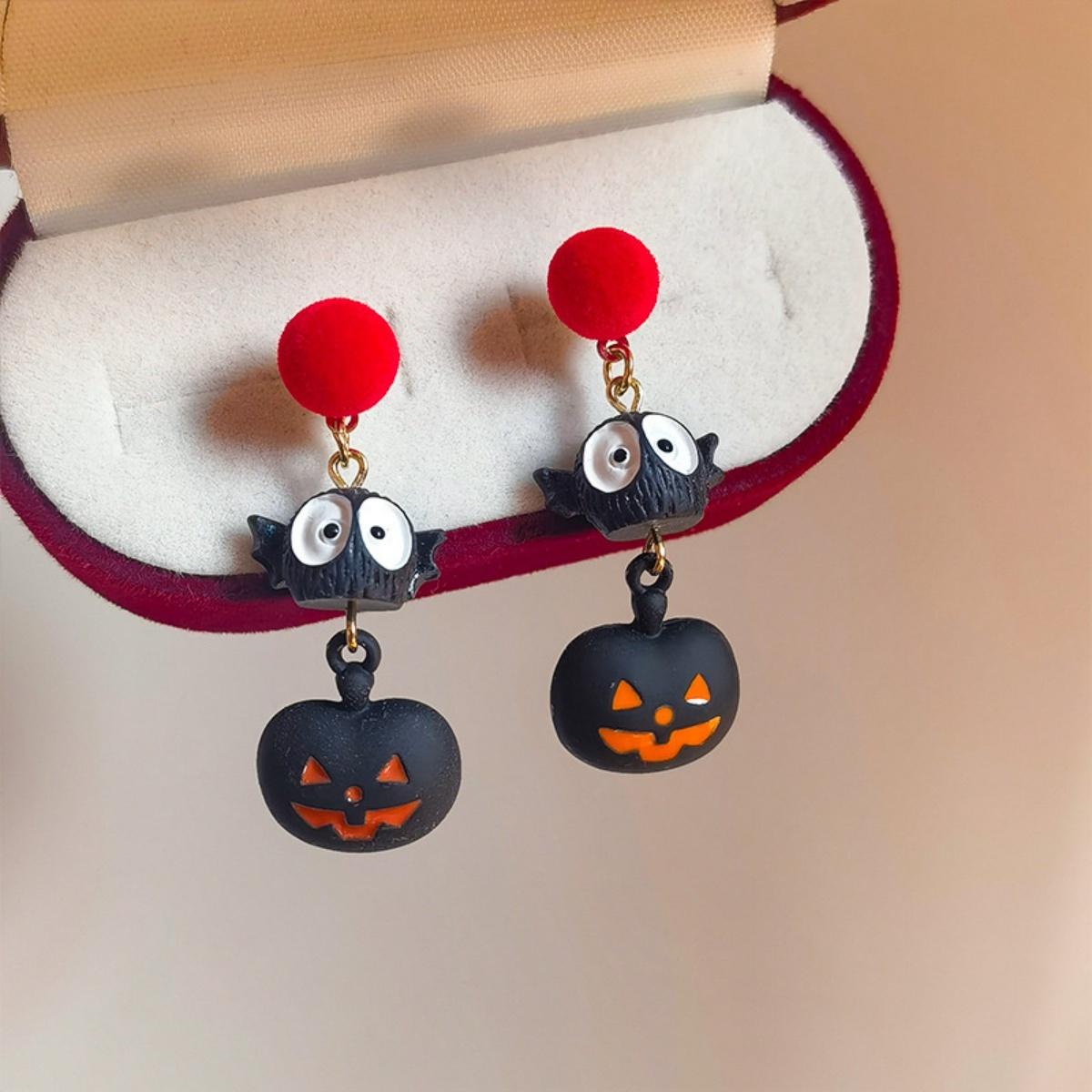

Cute Cartoon Black Resin Flying Bat Ghost Pumpkin Drop Earrings Big Eye Ghost Earring For Women Men Halloween Jewelry Party Gift