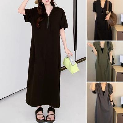 Women's Summer Short Sleeve T-shirt Dress Half Zip V Neck Maxi Dress Casual Long Sundress with Pockets for Beach Vacation