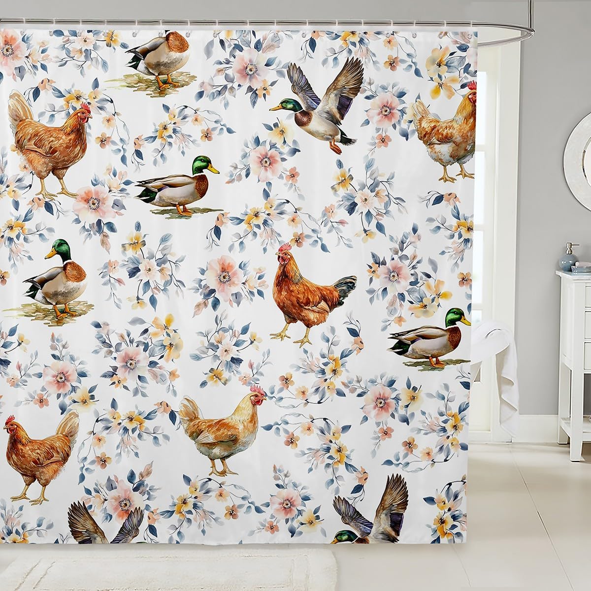 

Erosebridal Vintage Pet Chicken Bath Curtain,Mallard Duck Hunting Shower Curtain,Groovy Flower Floral Botanical Bathroom Shower W60H190(CM)-1 Pcs