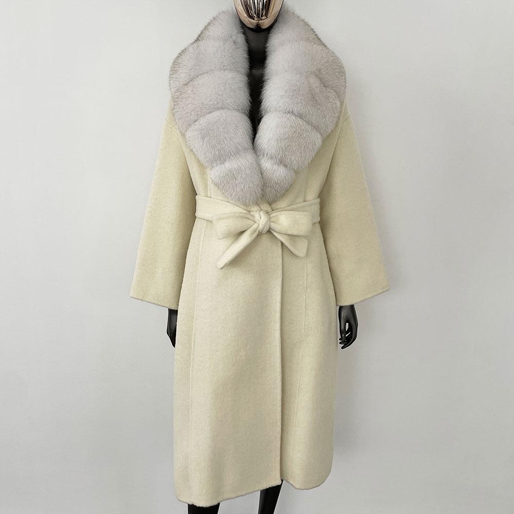 OFTBUY Kabát z pravé kožešiny 2024 Nadměrný dámský svrchní oděv Zimní dámská bunda s límcem z přírodní liščí kožešiny Kapuce Kašmírová vlněná směs Kabát