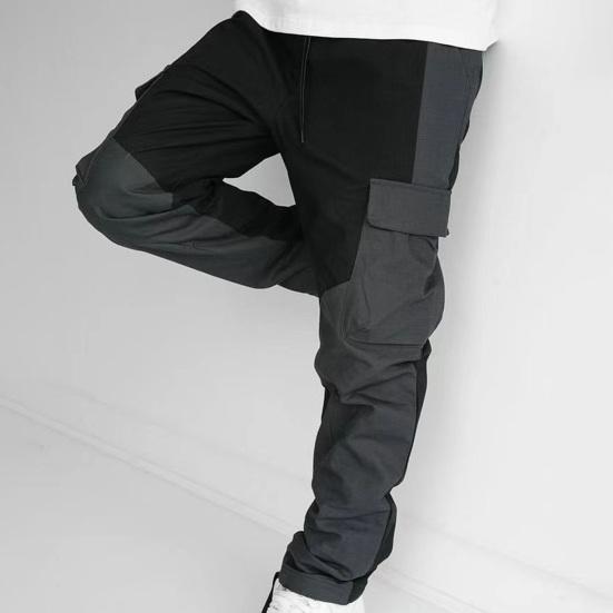Men Sports Pants Patchwork Elastic Waist Loose Color Matching Multi Pockets Soft Breathable Casual Mid Waist Cargo Pants Men Long Trousers