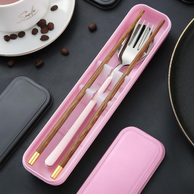 Chopsticks spoon set, one chopstick per person, portable tableware, student storage box, fork, single wooden chopsticks three-piece set