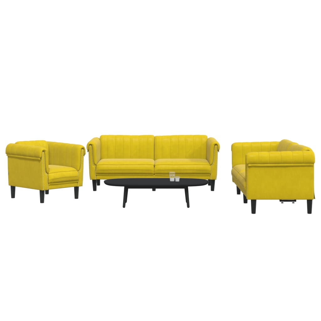 Vidaxl 3-Cz. Living Room Set, Yellow, Upholstered In Velvet