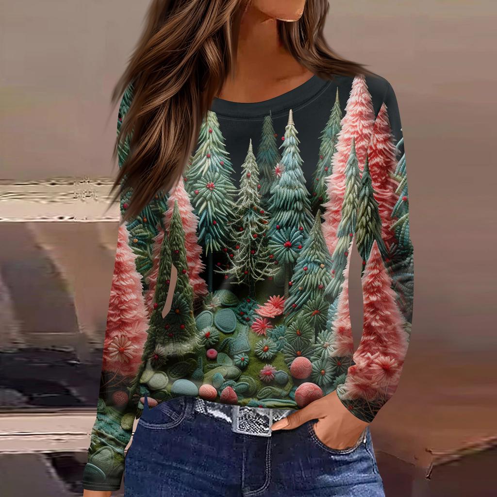 Women's Fashion Casual Slit Hem Round Neck Long Sleeve Loose Christmas Printed T-Shirt Ladies Top